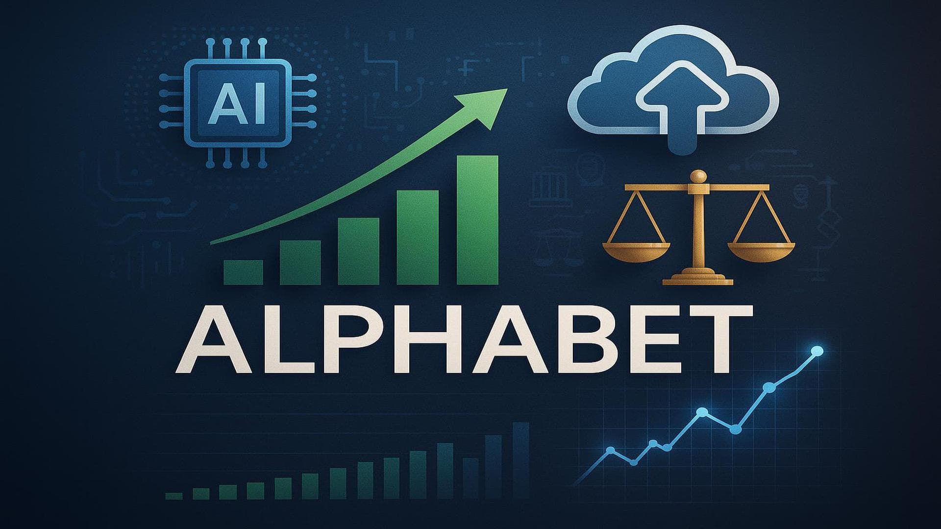 Alphabet AI and cloud growth visualization with regulatory challenge elements, featuring Alphabet logo