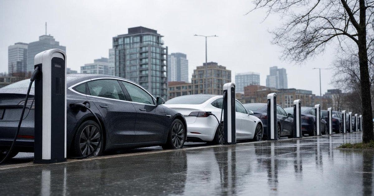 Electric cars at urban charging station amid fuel crisis driving EV adoption trends