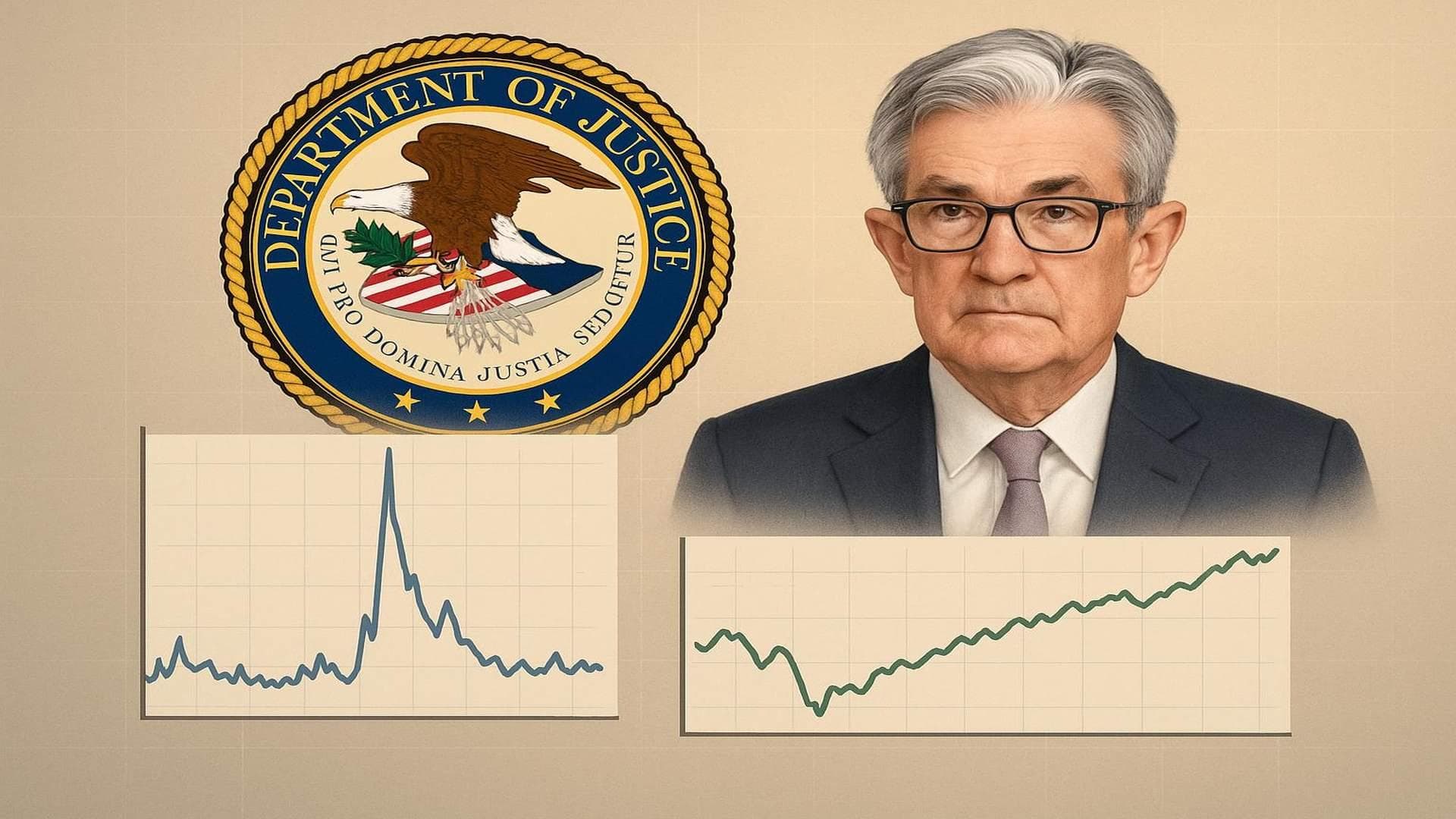Market volatility chart with DOJ probe impact and U.S. equities recovery, featuring volatility index and equities trends