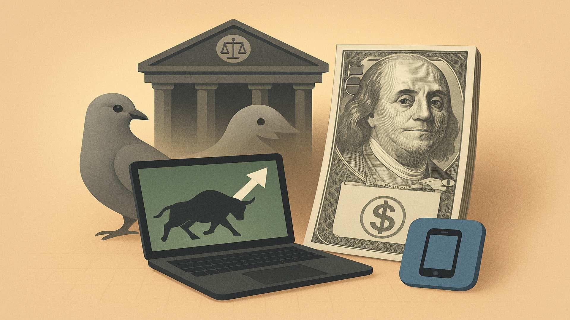 US stock market gains after dovish Federal Reserve comments, with rising index chart and Fed building