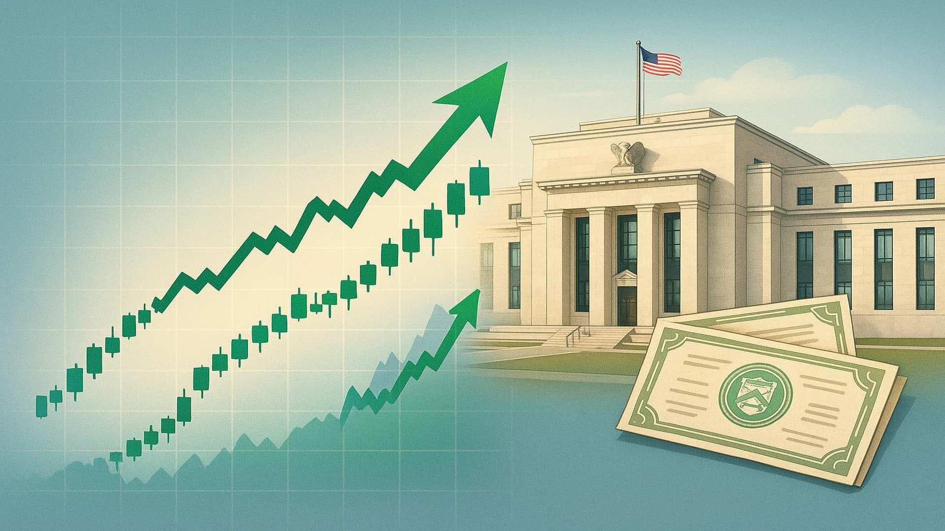 U.S. stock market rally chart with Federal Reserve rate cut and T-bill purchase impact