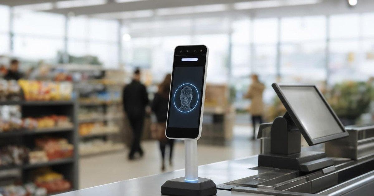 Facial recognition payment terminal at a store checkout illustrating growth of biometric fintech payments