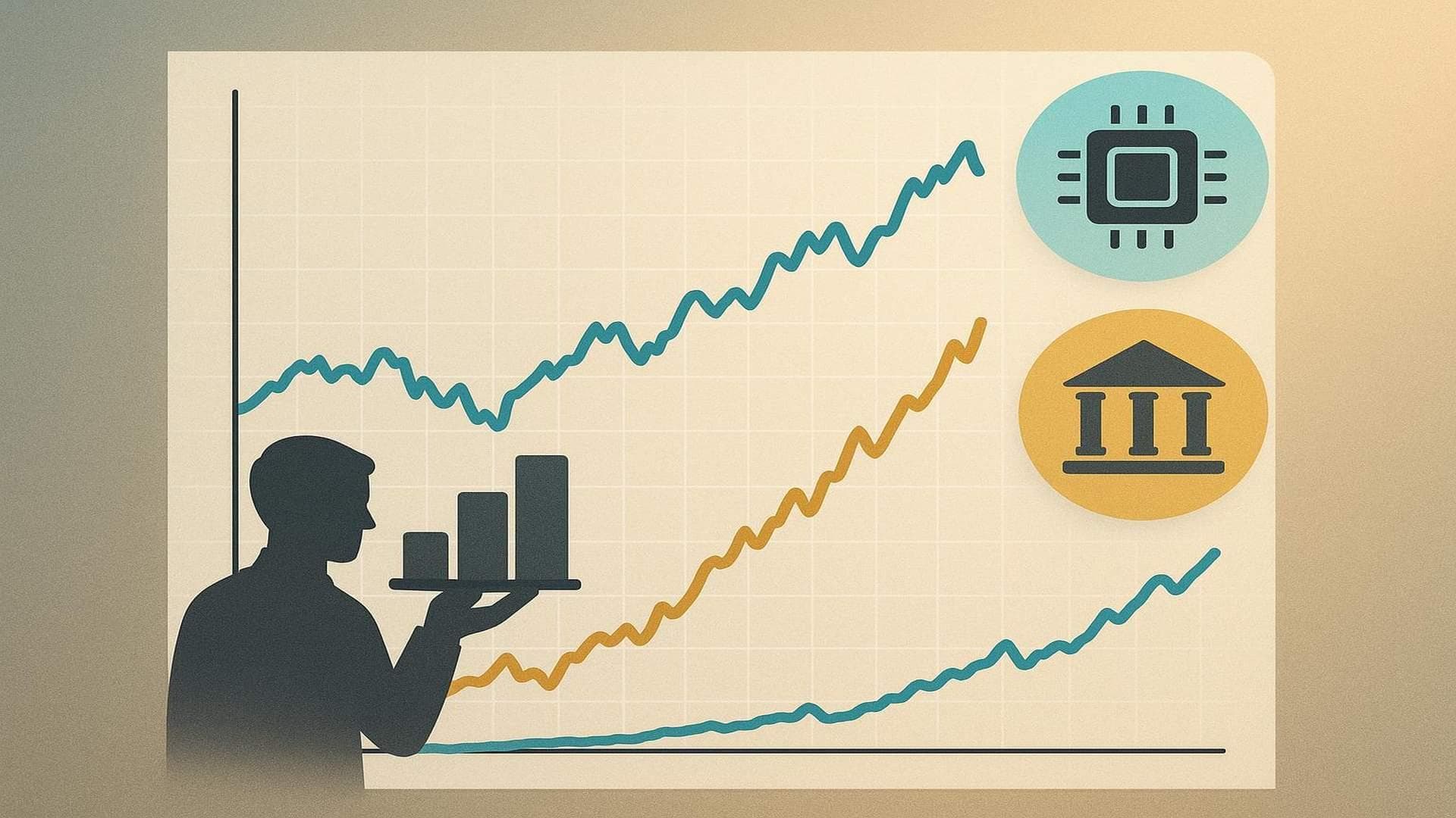 U.S. stock market visualization showing tech sector decline and cyclical sector gains, year-end 2023