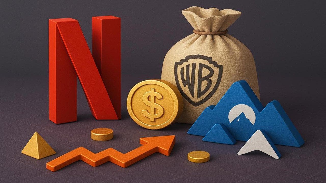 Netflix and Warner Bros logos with $82.7B all-cash bid headline, referencing Paramount Skydance