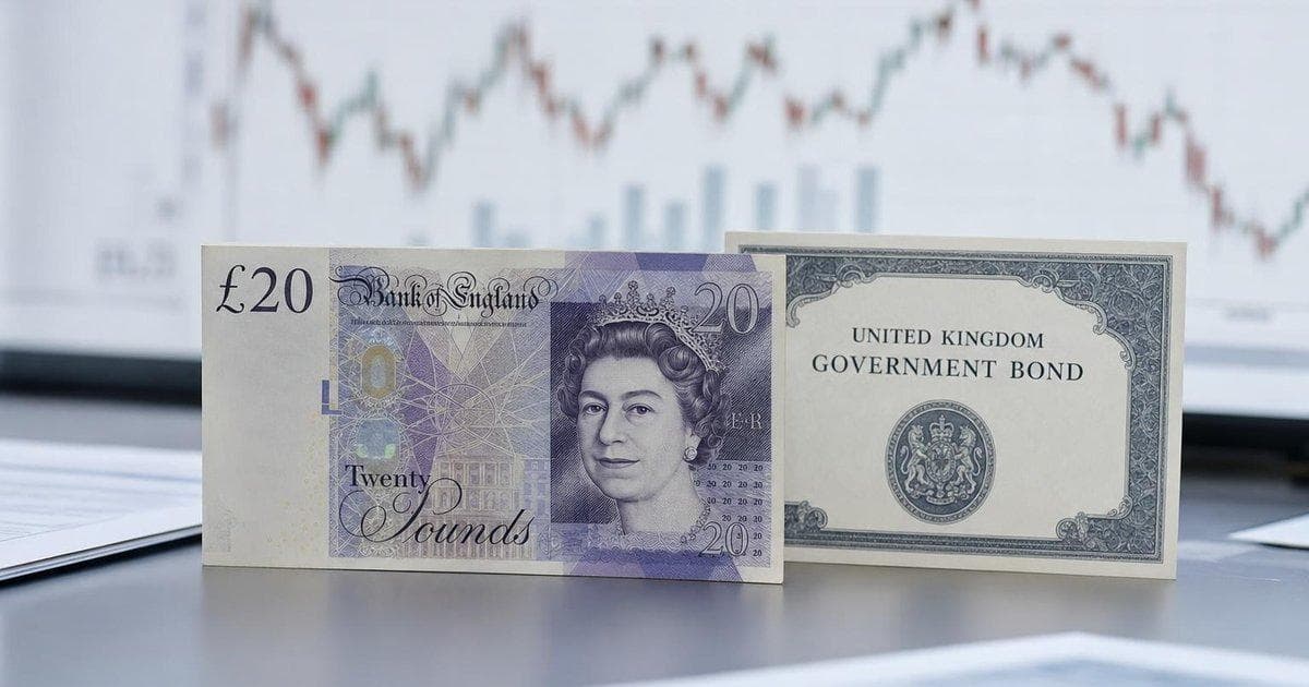 British pound notes and government bond documents on a desk as GBP and UK10Y markets react to political news