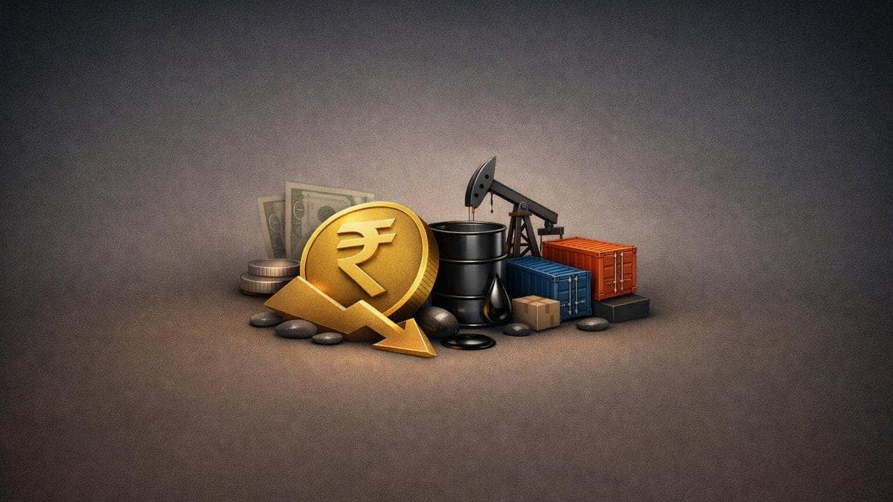 Rupee currency note with oil price chart and trade tension indicators impacting forex markets