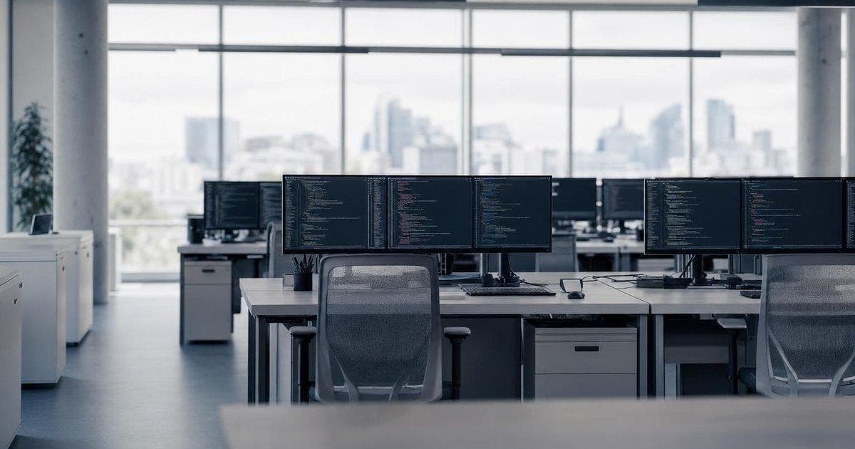 Enterprise software code on office monitors reflecting pressure on CRM and broader software sector stocks