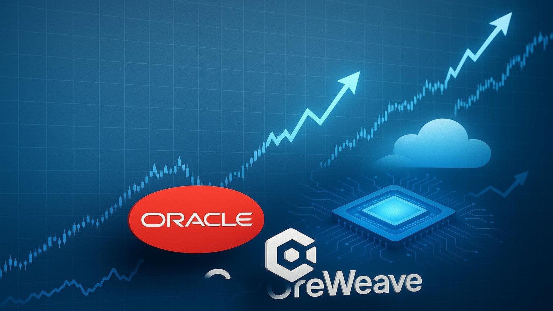 Tech stock rally visualization with Oracle, CoreWeave, and Nasdaq gains on JV and DOE partnership news