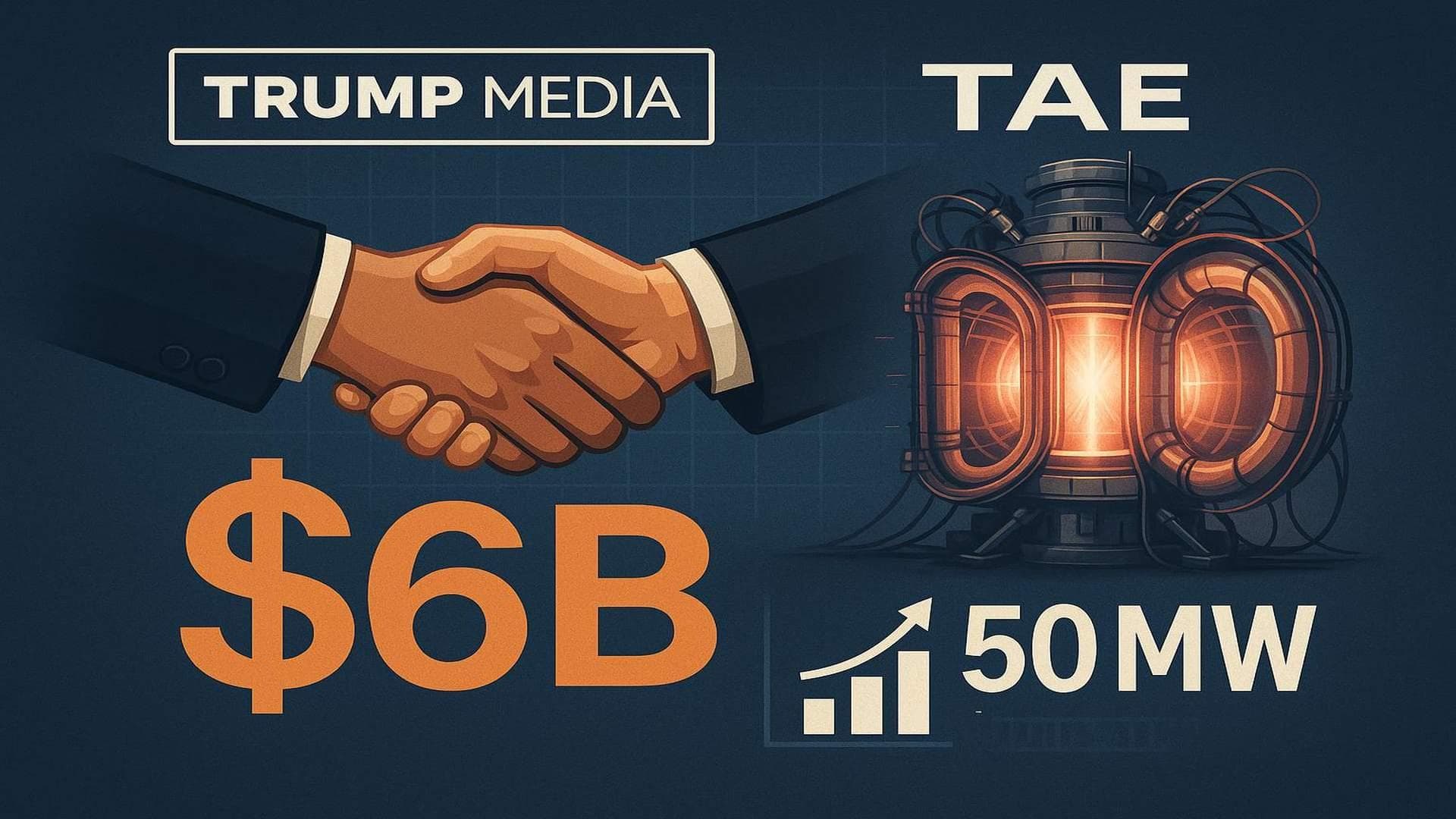 Trump Media and TAE $6B merger visual with fusion plant concept and 50MW energy target