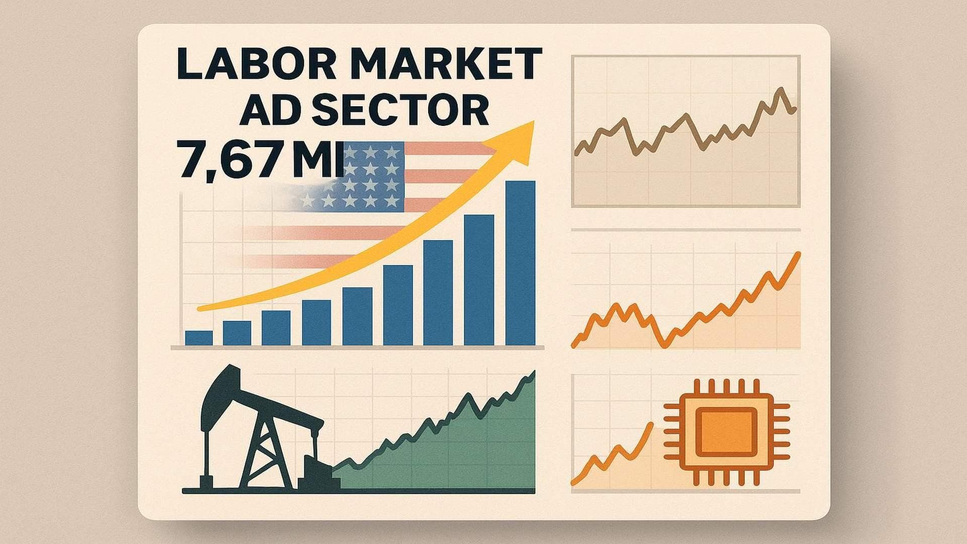 US JOLTs data chart with labor tightness and rising energy, semiconductor sector performance