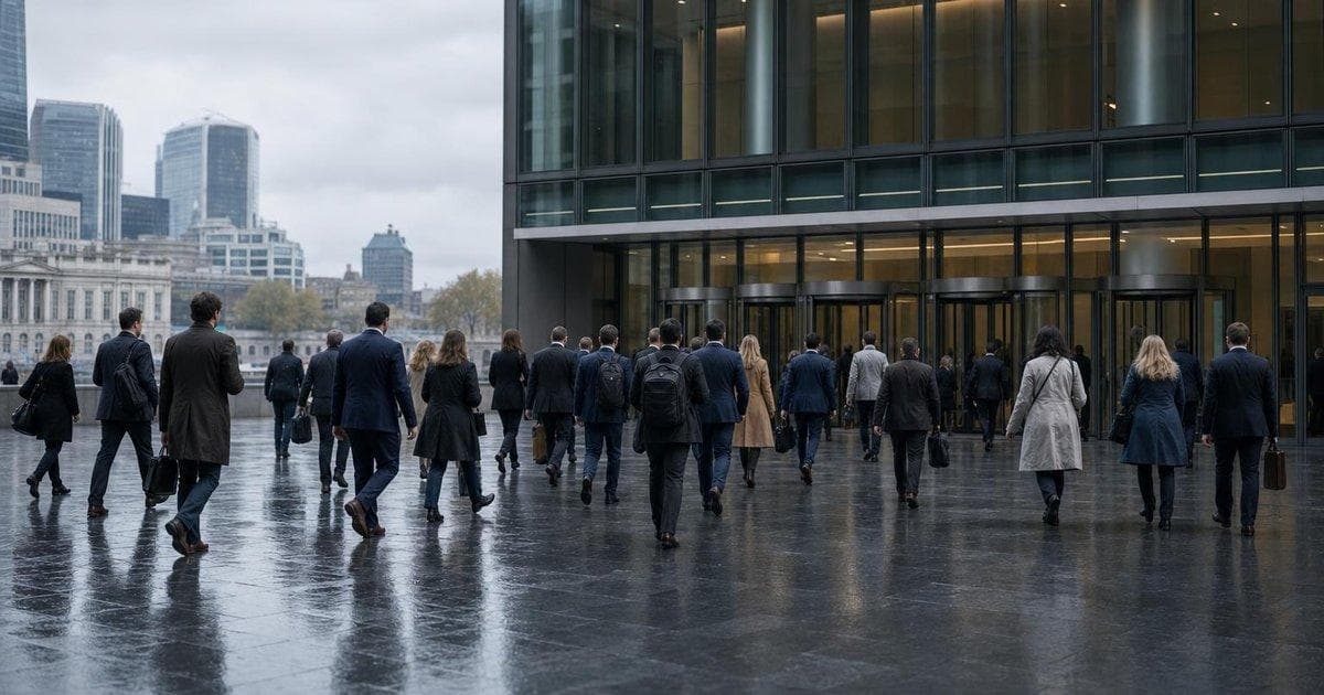 Workers enter an office building, illustrating steady US payrolls growth in April 2026