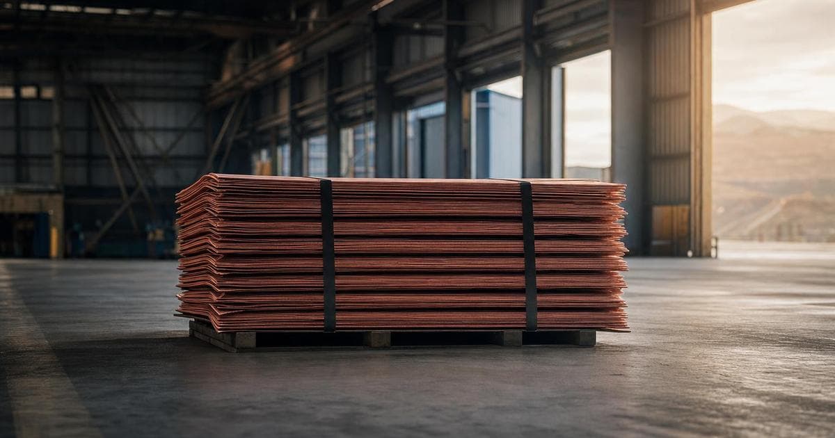 Stacked copper cathode sheets at a mine site illustrating HG1 copper market and top copper stocks in June 2026