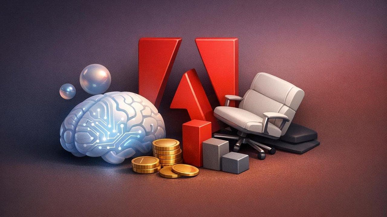 Adobe logo with AI graphics highlighting revenue gains and CEO departure news