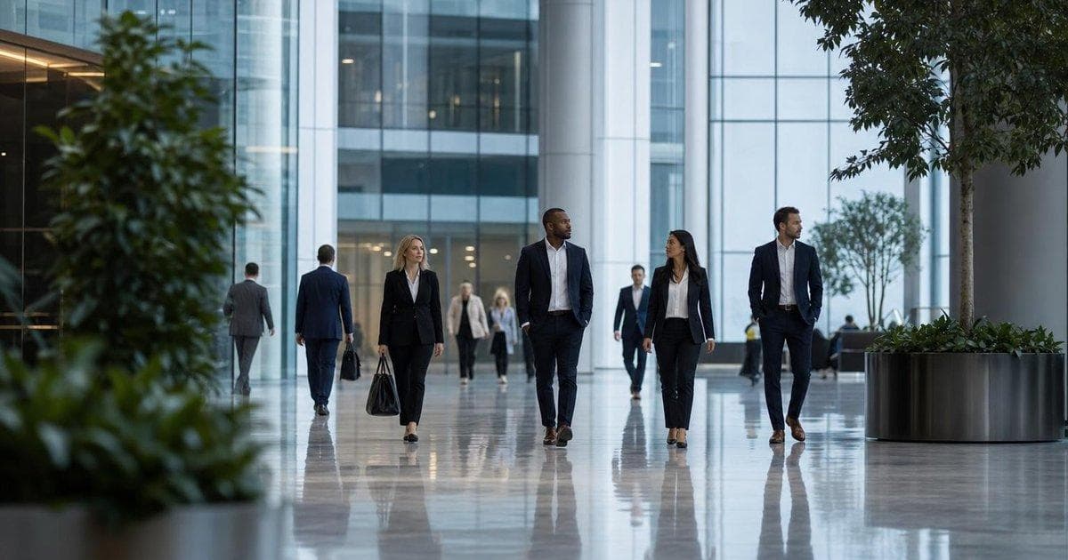 Office workers in a busy lobby illustrating broad U.S. hiring and tight labor market data