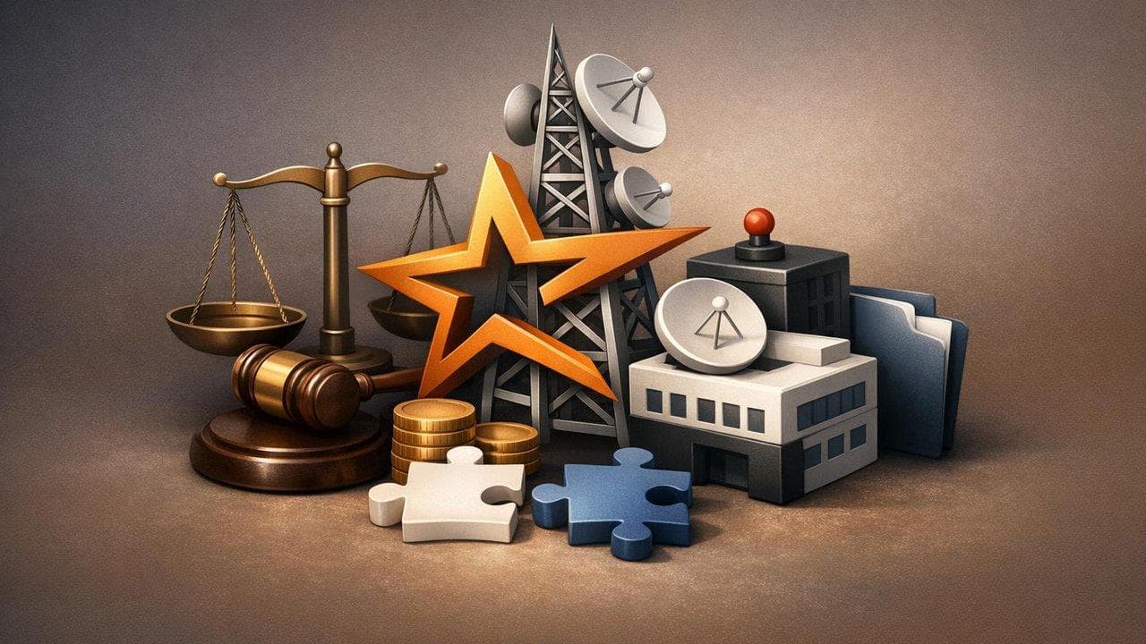Nexstar and Tegna logos with legal scales symbolizing antitrust lawsuit over TV merger