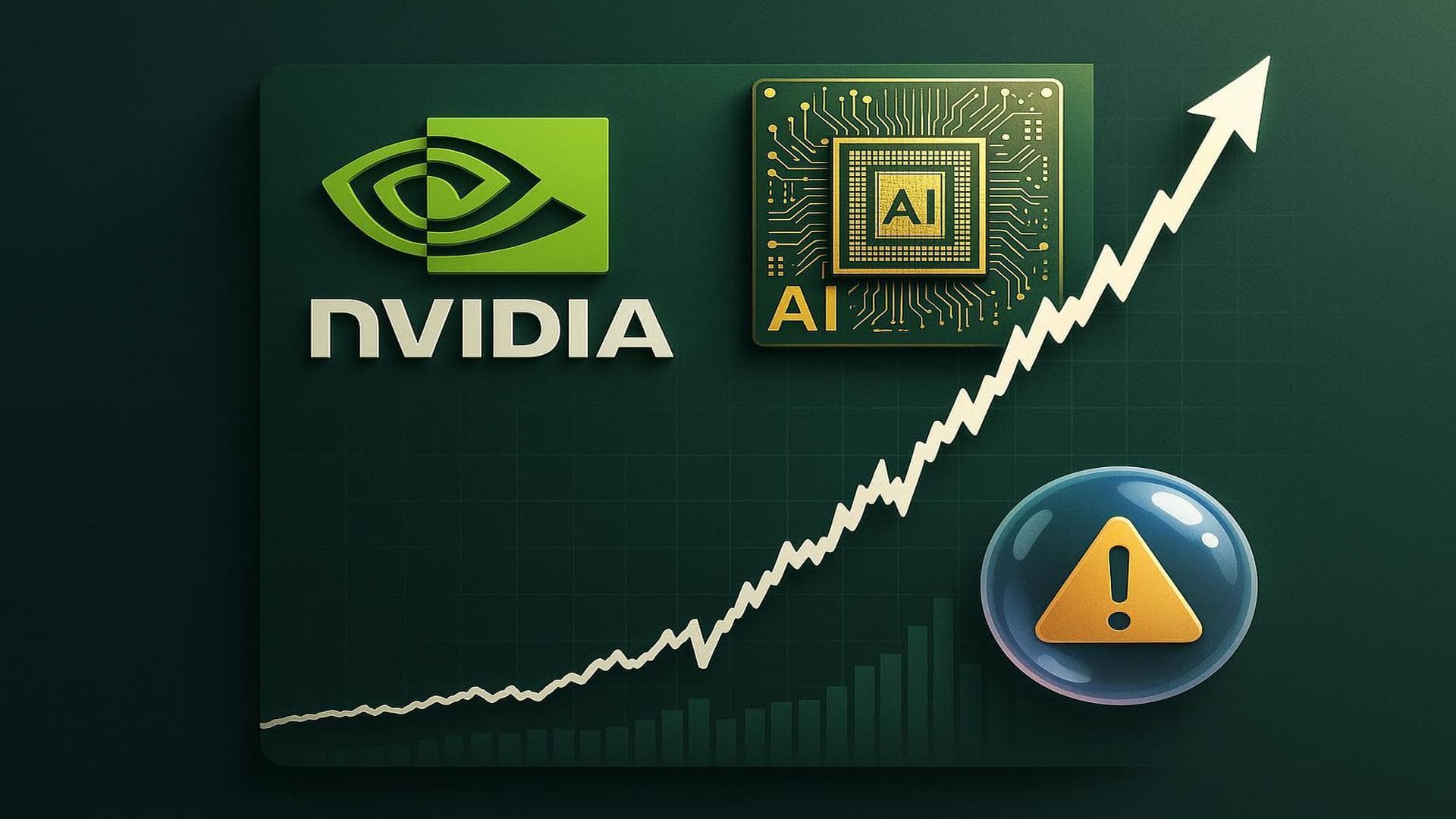 Nvidia stock surge visualization with AI chip graphics and bubble warning, highlighting NVDA impact