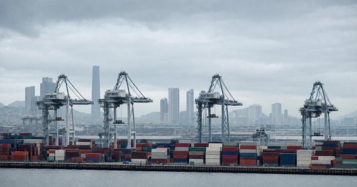 Container port with stacked cargo boxes illustrating China trade surge driven by tech and auto exports