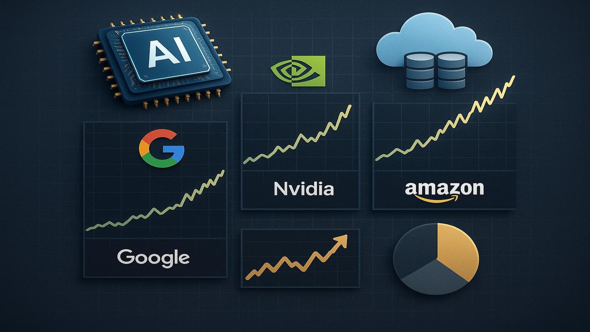AI investment surge with Nvidia, Alphabet, Amazon stock charts and technology growth visuals