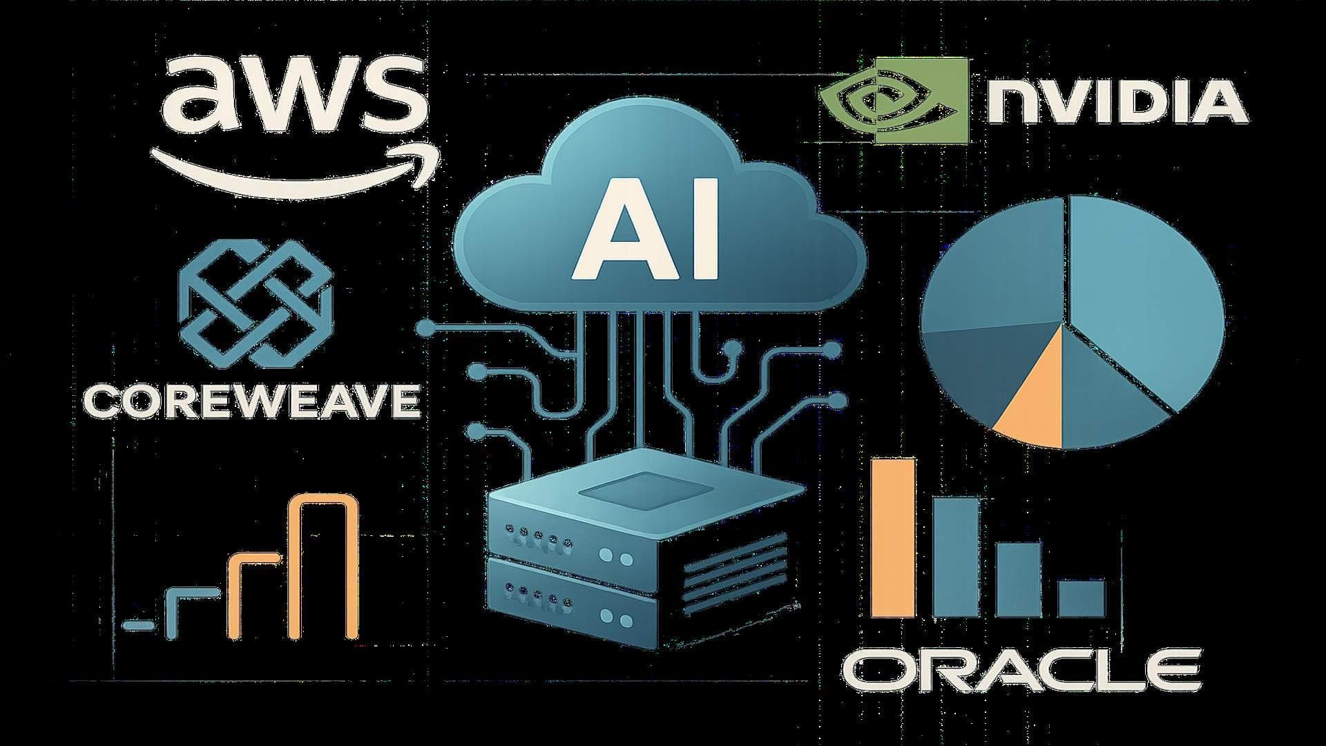 AI cloud market visualization with AWS, Nvidia, CoreWeave, Oracle logos and growth trends