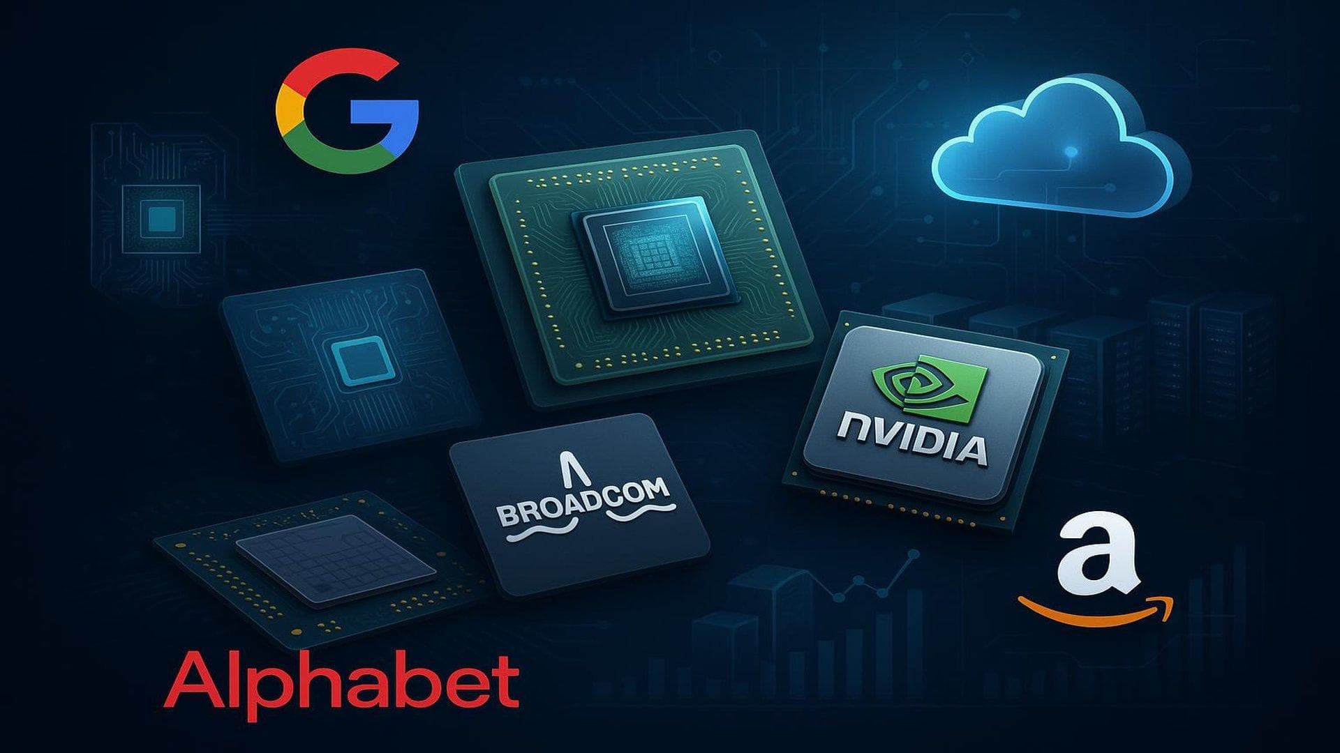 AI infrastructure stocks visualization with Alphabet, Nvidia, TSMC, Broadcom, Amazon logos and chip imagery