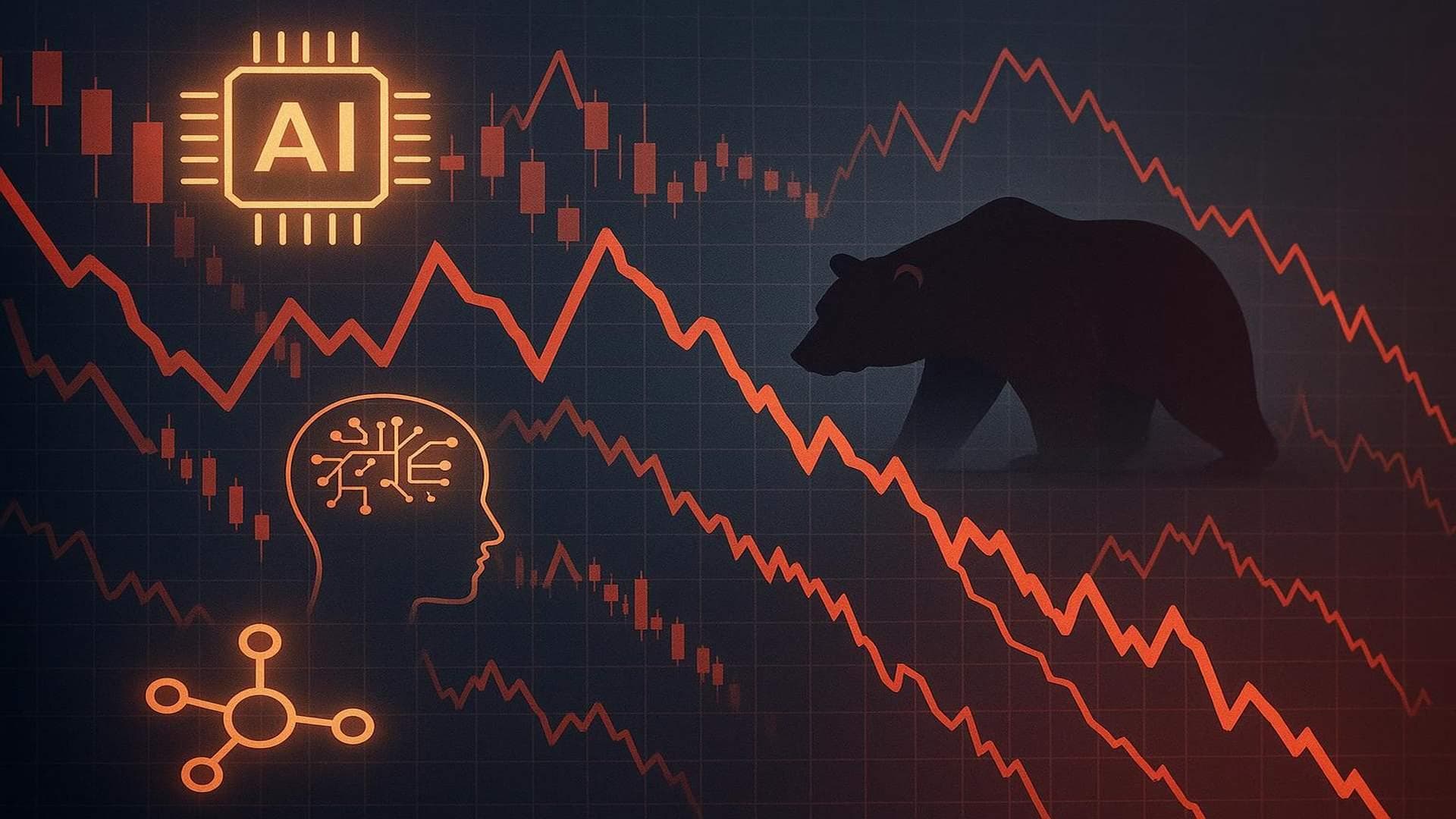 AI stocks sell-off illustration with declining charts and AI icons, reflecting market volatility