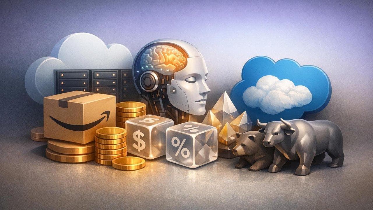 Amazon and Salesforce logos with AI strategy theme reflecting market volatility and investor focus