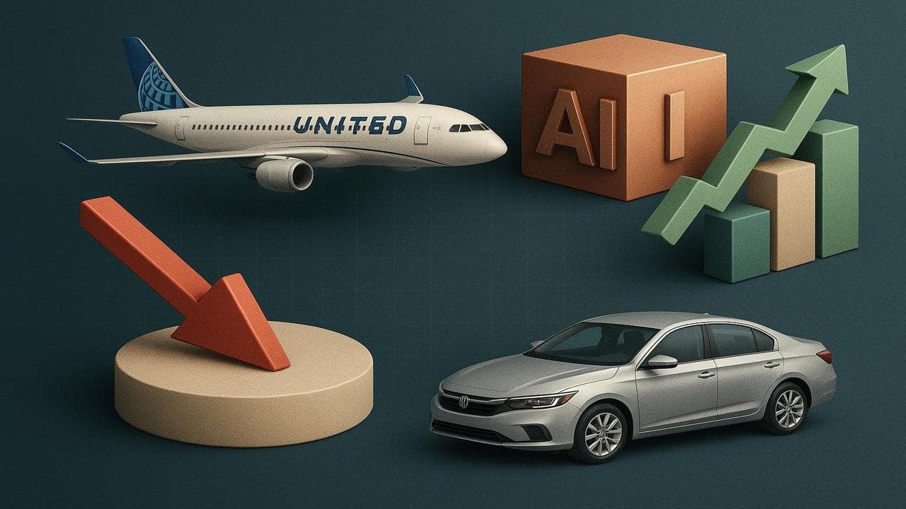United Airlines stock chart with AI and auto sector trends reflecting mixed market moves
