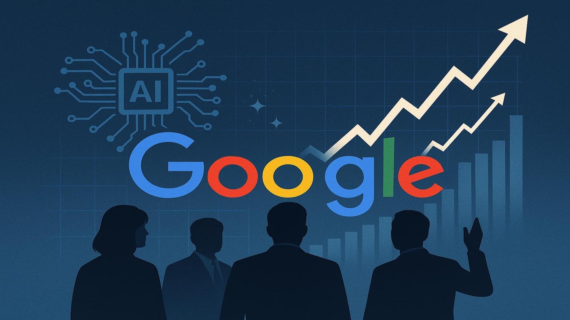 Alphabet stock chart rising with AI graphics and investor interest, highlighting AI-driven growth optimism