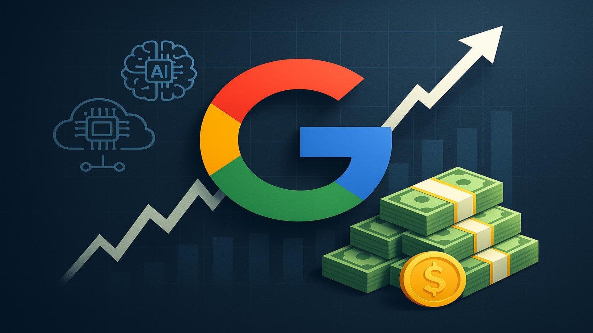 Alphabet stock price rises with AI and cloud growth, financial strength visualized with upward chart