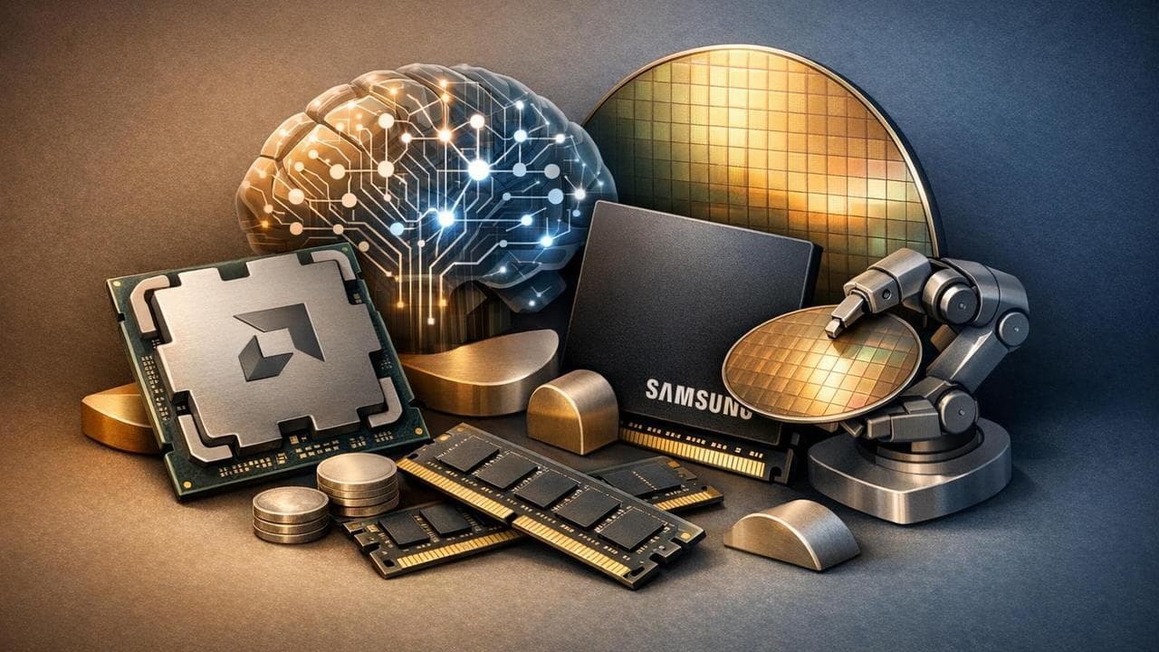 AMD and Samsung logos with AI chip and memory collaboration theme for next-gen hardware