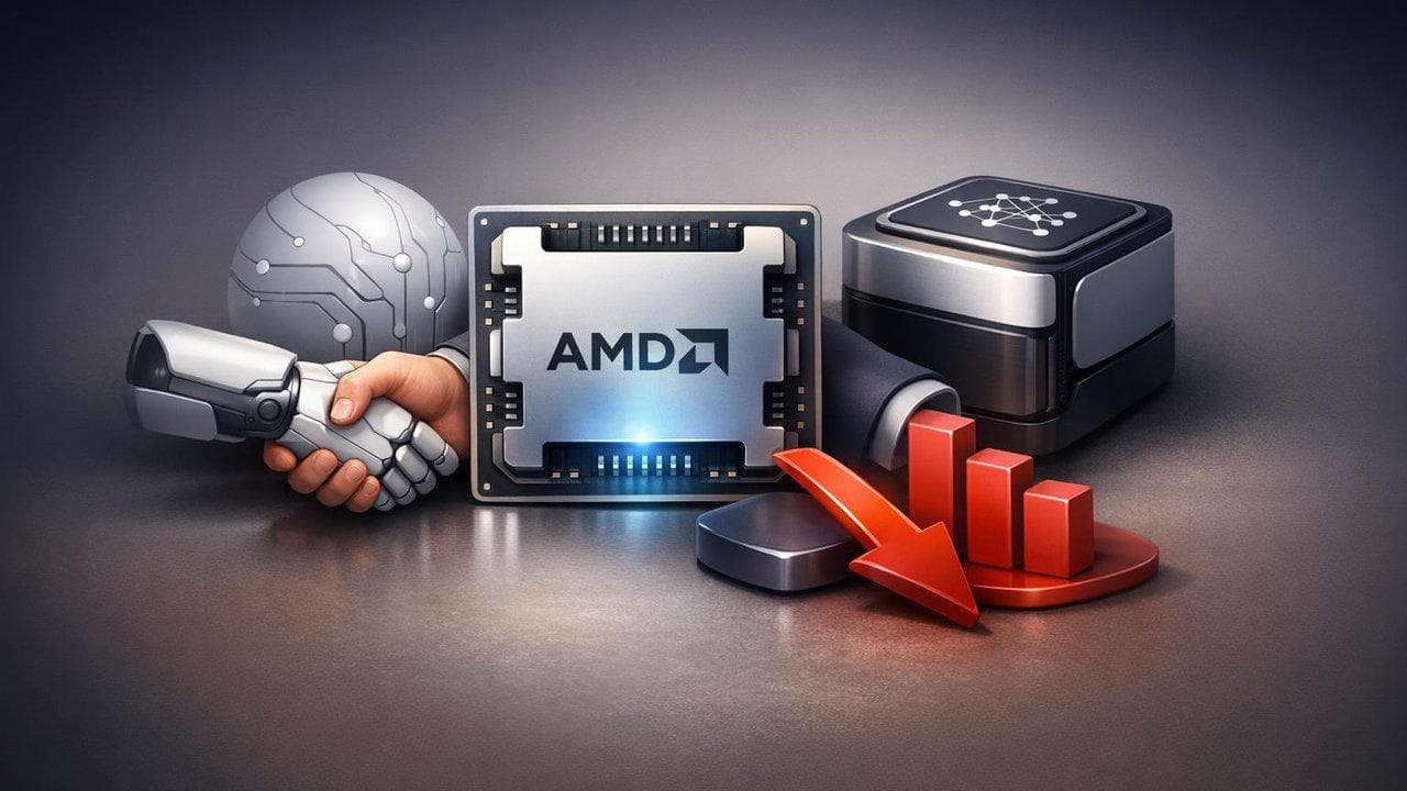 AMD logo with AI chip graphics highlighting Meta AI deal and desktop CPU launch
