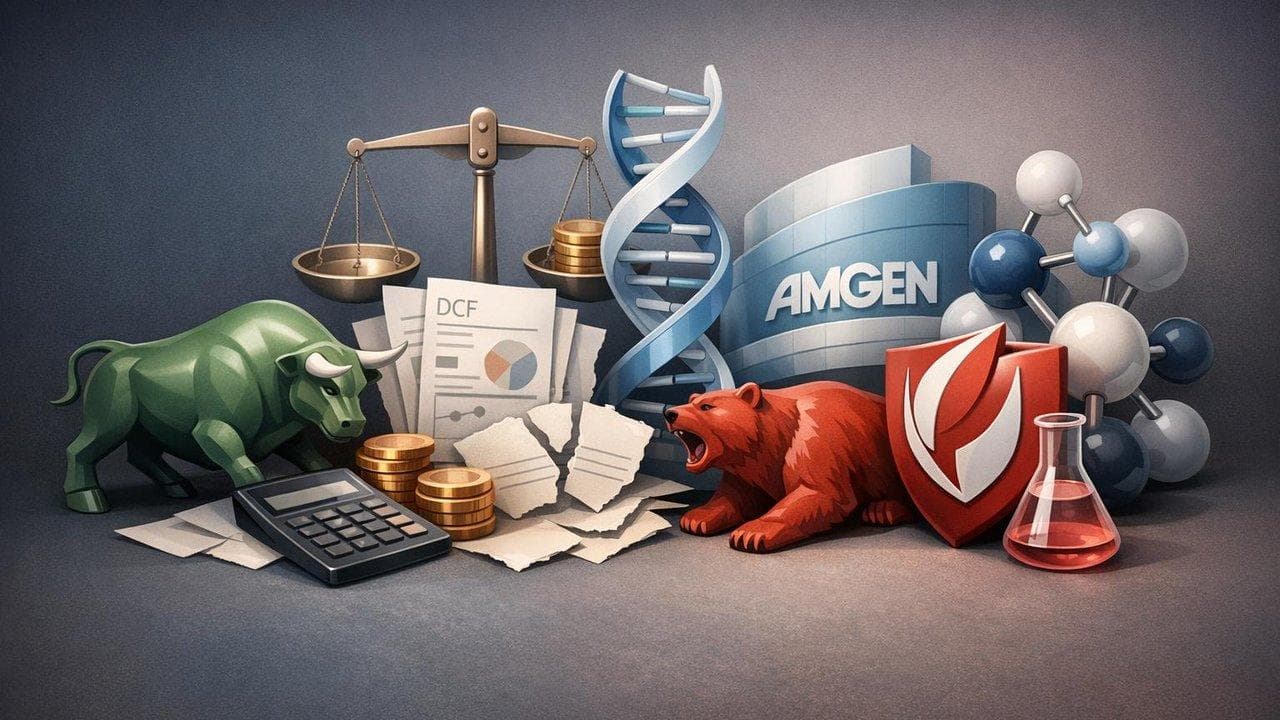 Biotech stocks Amgen and Gilead valuation conflict visualization with market rally and DCF models