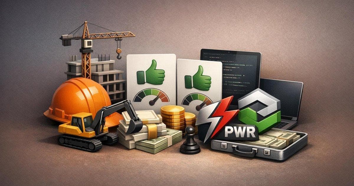 PWR and PTC stock analysis graphic highlighting Moderate Buy ratings and EPS beats in peers