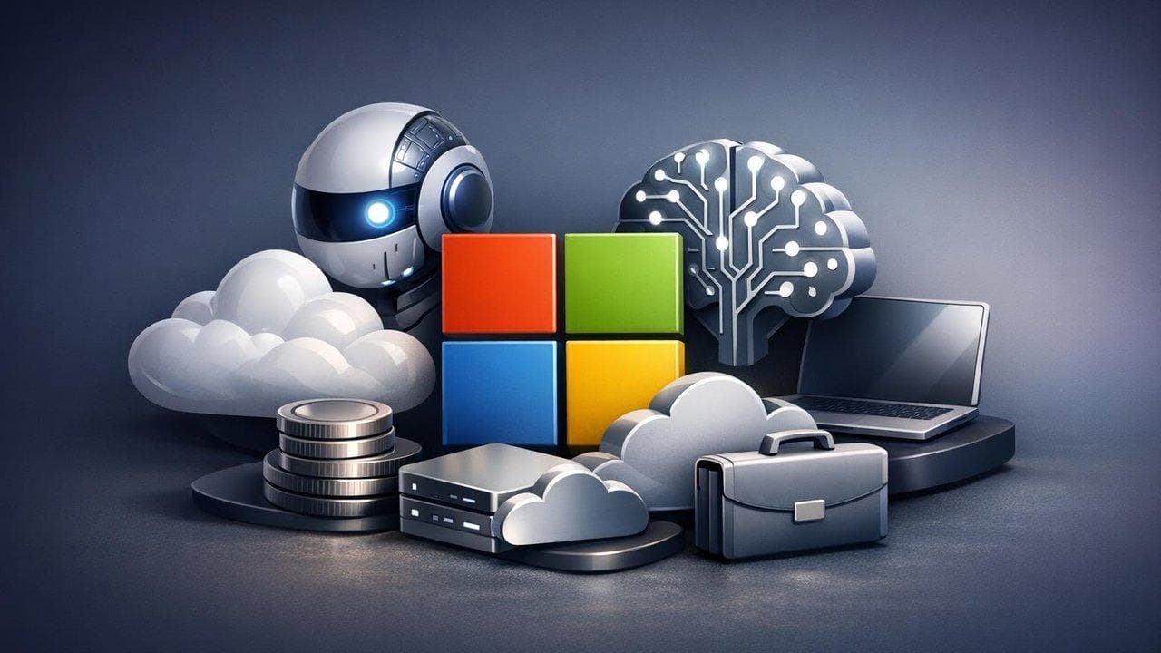 Microsoft logo with cloud and AI graphics highlighting analyst upgrades and revenue growth