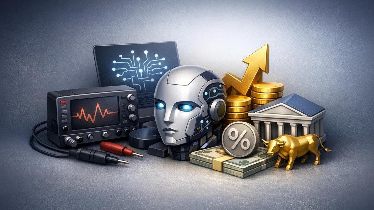 Keysight and Schwab logos with analyst upgrade arrows reflecting improved outlooks and AI demand