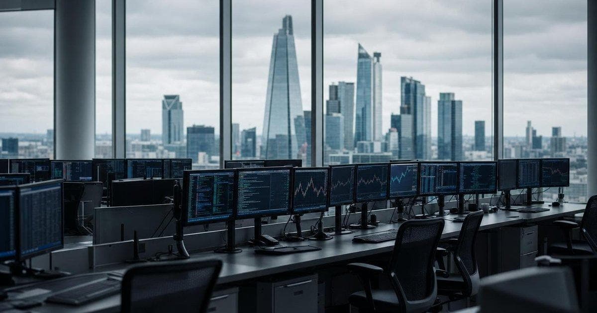 Trading floor workstations with financial charts and AI code illustrating Anthropic AI agents on Wall Street