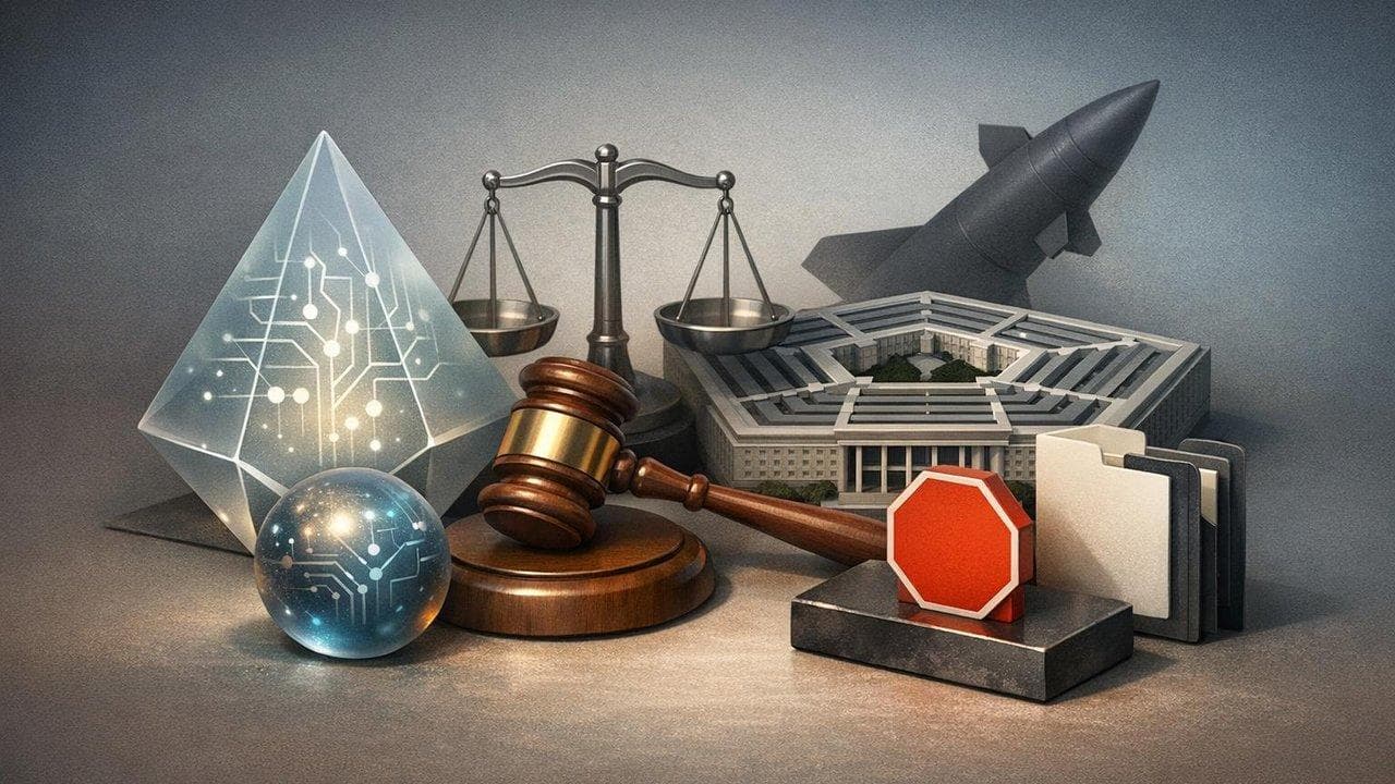 Anthropic logo with legal documents, highlighting lawsuit over Pentagon AI blacklist and regulation