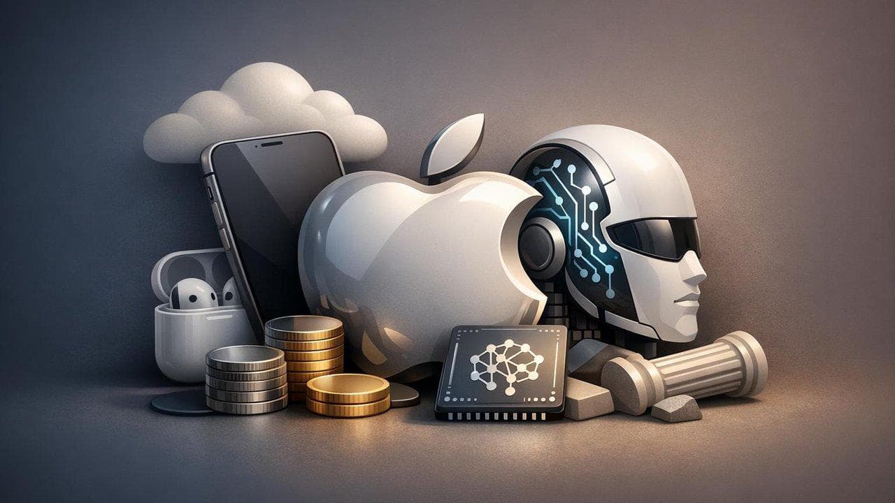 Apple logo with AI graphics highlighting investor concerns over Apple's AI transition