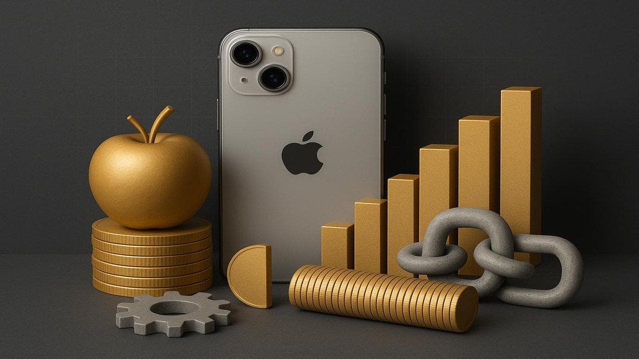 Apple logo with iPhone sales chart and supply-chain strain impacting AAPL earnings