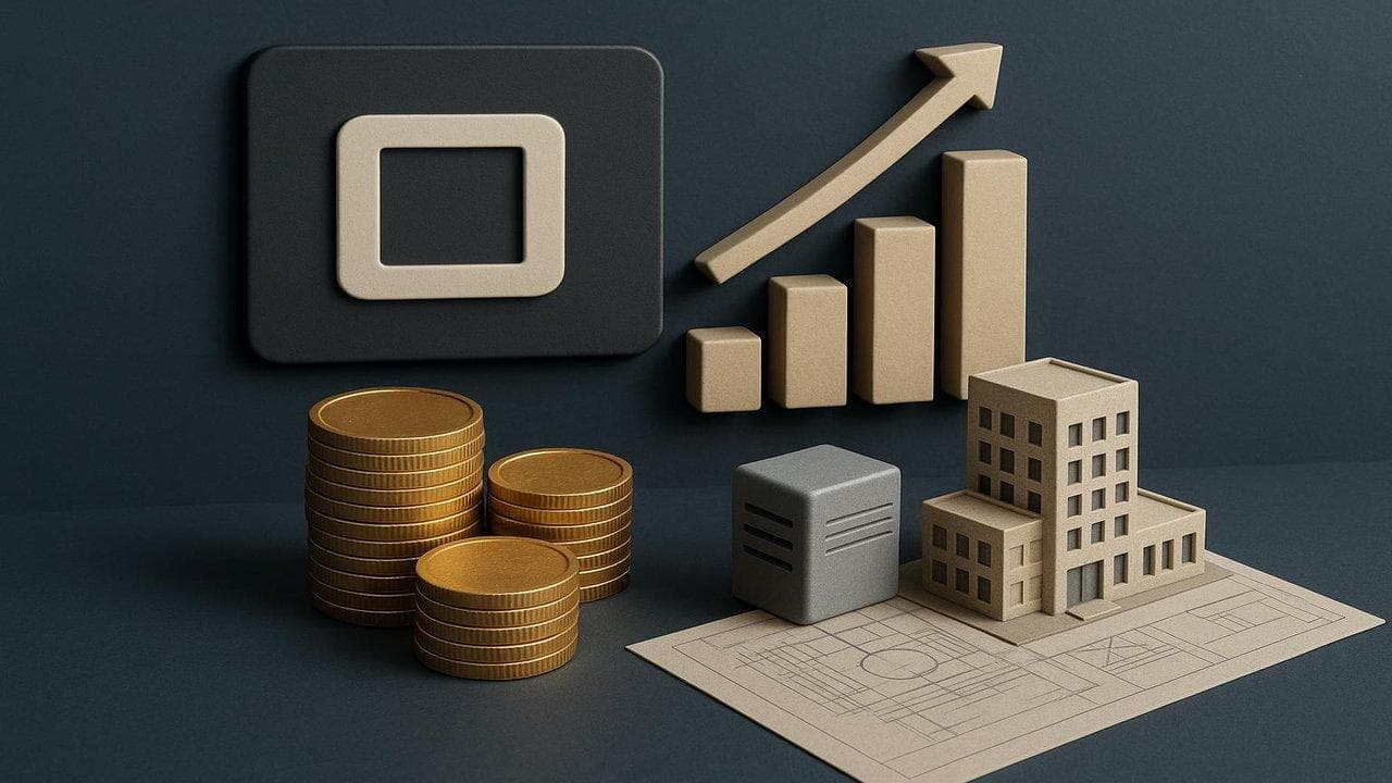 Applied Digital logo with Q2 revenue growth chart and AI lease agreement illustration