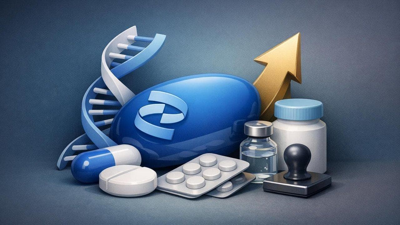 Pfizer logo with upward trend arrow reflecting analyst upgrade and drug pipeline progress