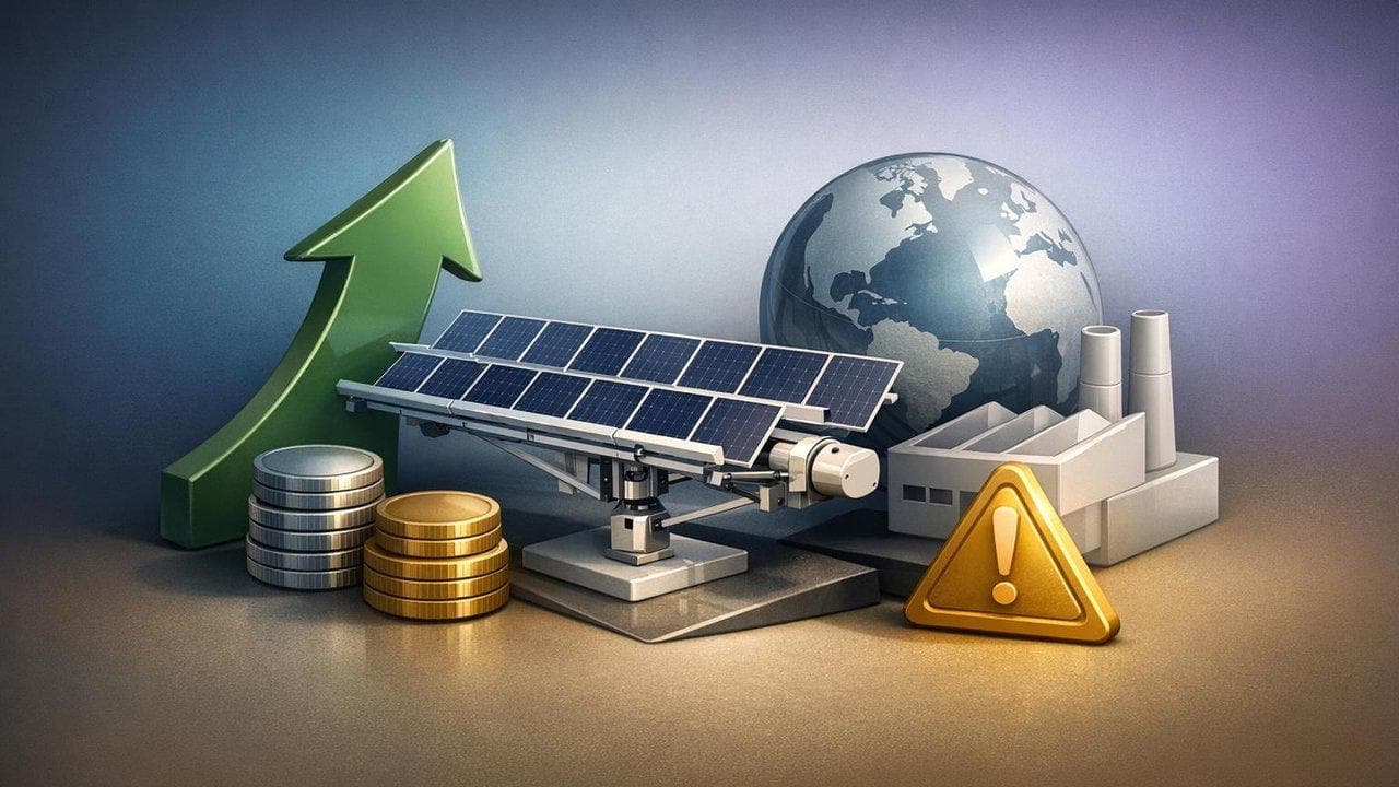 Array Technologies logo with upward revenue chart and factory expansion, highlighting 2025 growth