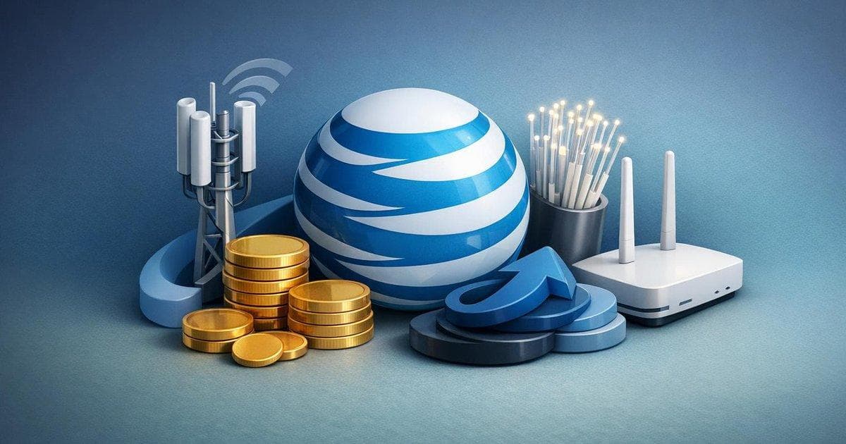 AT&T Q1 2026 earnings graphic highlighting connectivity unit, fiber‑wireless bundles, and buyback plans