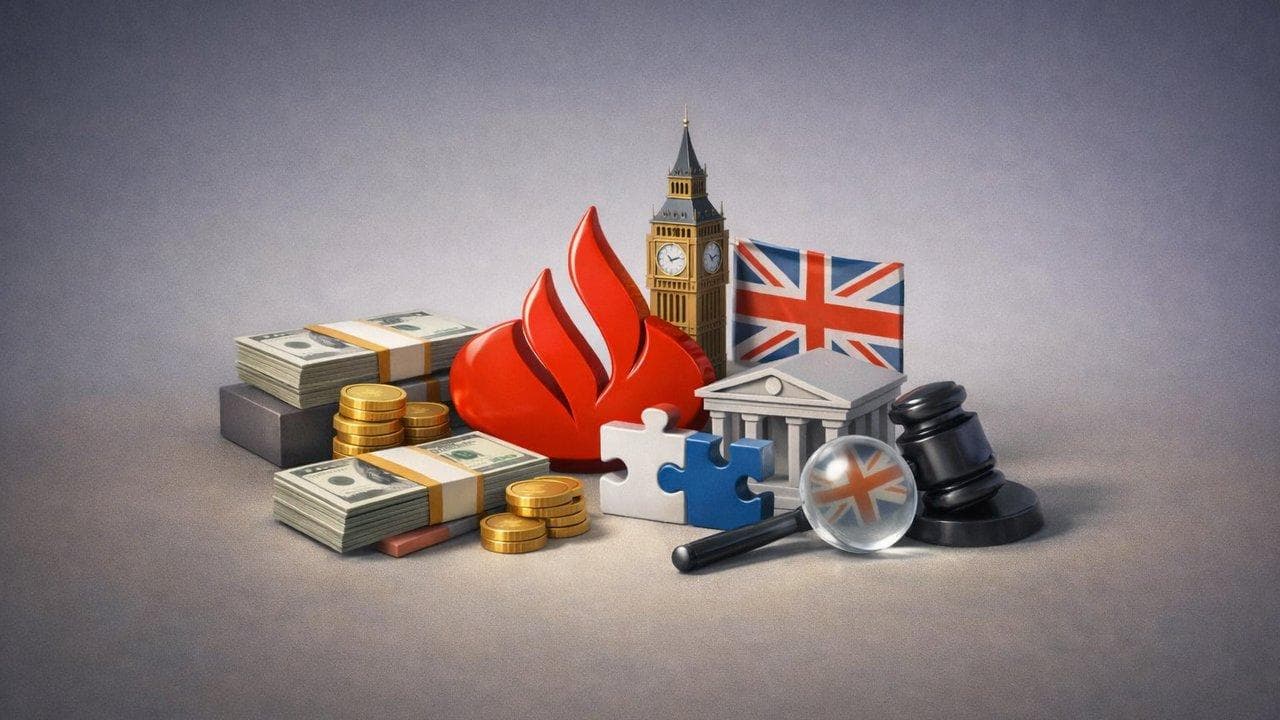 Banco Santander logo with €5B buyback and $12B Webster deal highlights, UK risk context
