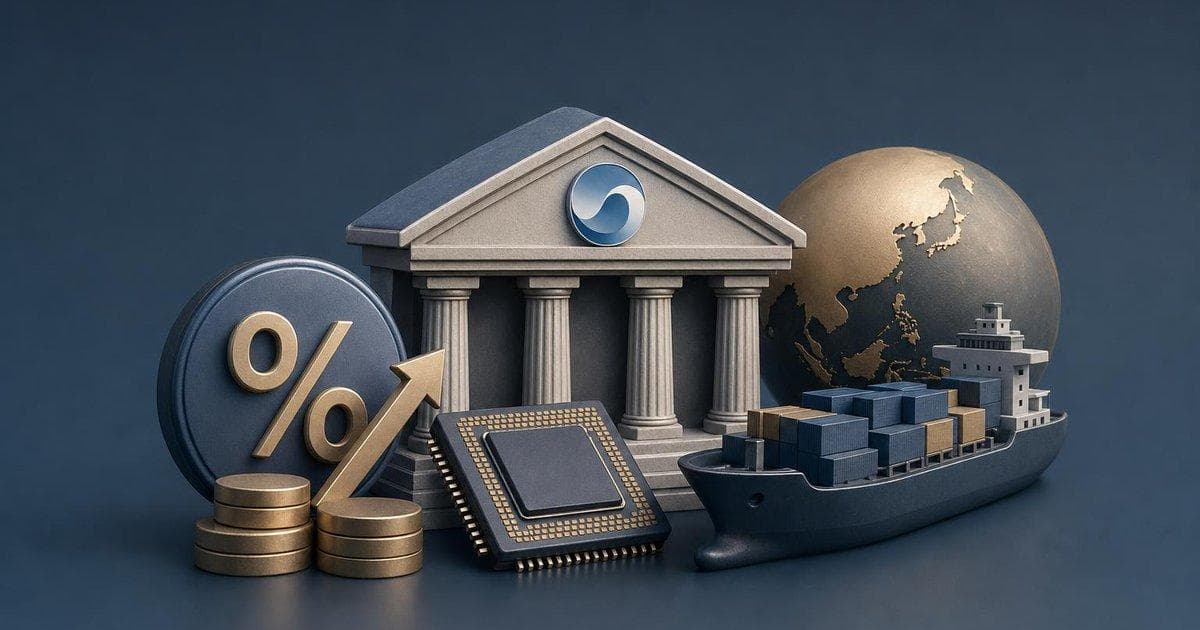 Bank of Korea building with interest rate hike signal and South Korea chip export growth theme