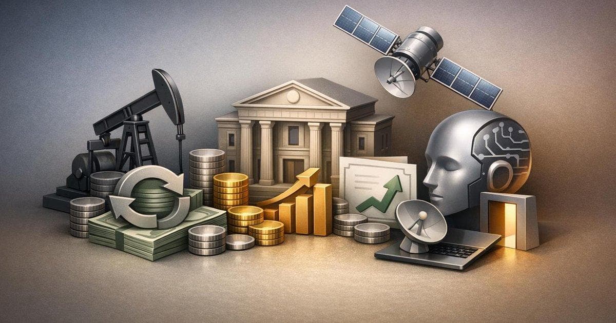 Collage of energy, bank, satellite, and tech AI icons highlighting buybacks and strong margins