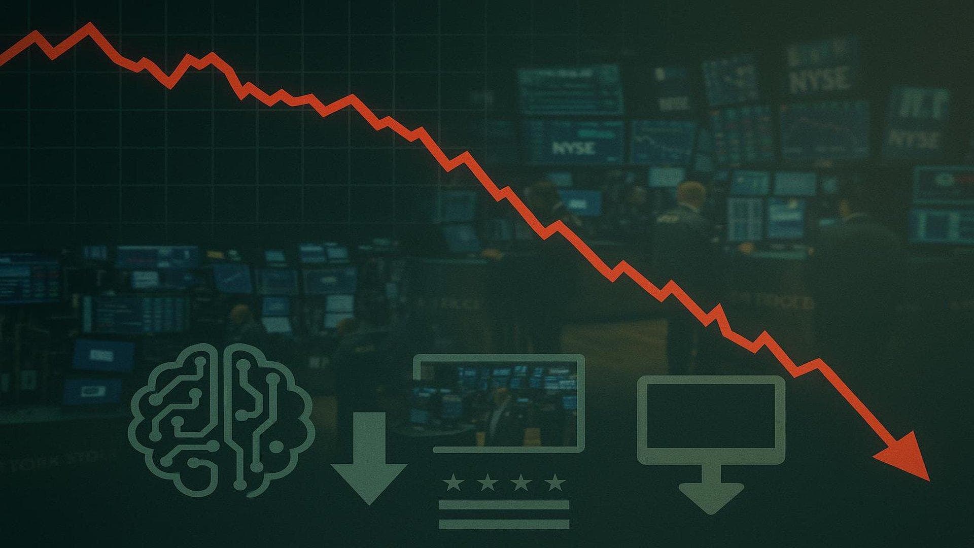 US tech stocks and AI sector decline visualization with falling chart lines and subdued market mood