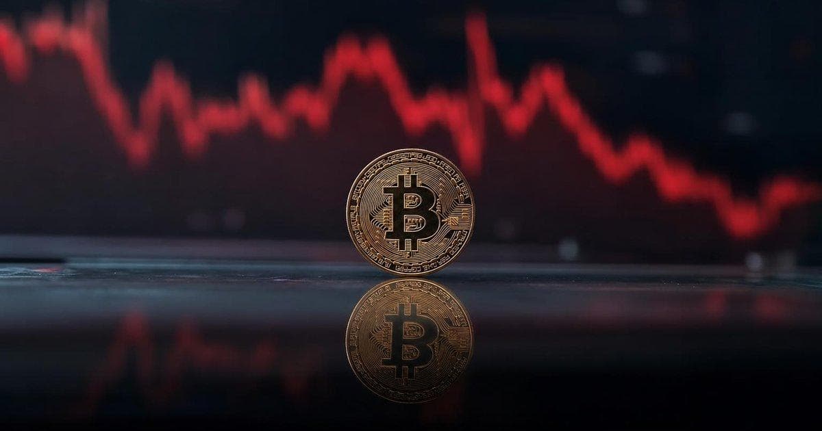 Physical bitcoin in front of red crypto price charts as BTC and ETH slide on heavy liquidations