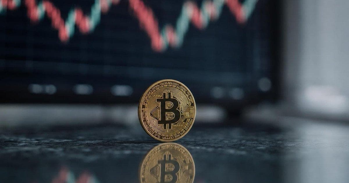 Physical bitcoin token on trading desk as BTC price slides amid ETF outflows and liquidations