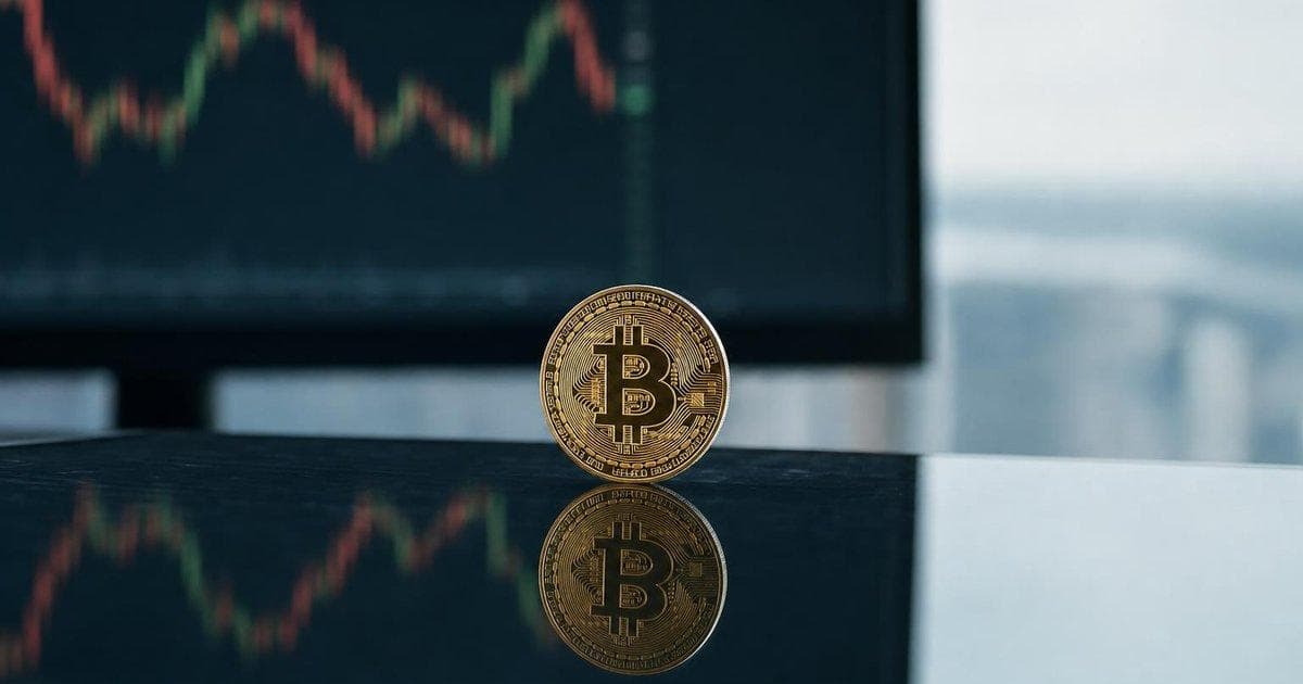 Physical bitcoin token on trading desk with falling BTCUSD chart amid bearish crypto signals